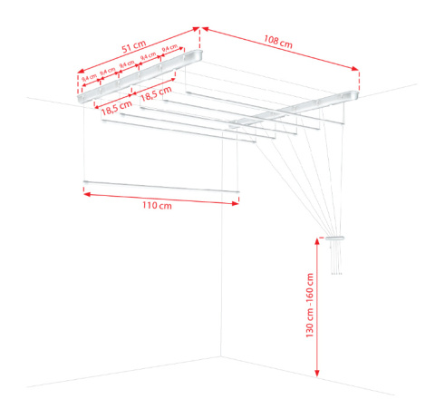 Suszarka sufitowa łazienka balkon 6prętów 110cm biała Suszarka sufitowa łazienka balkon 6prętów 110cm biała
