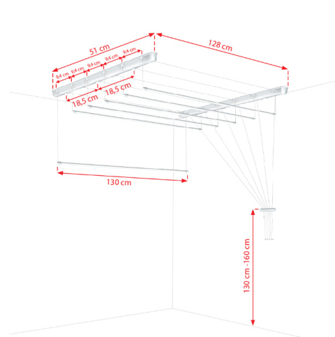Suszarka sufitowa łazienka balkon 6prętów 130cm biała Suszarka sufitowa łazienka balkon 6prętów 130cm biała